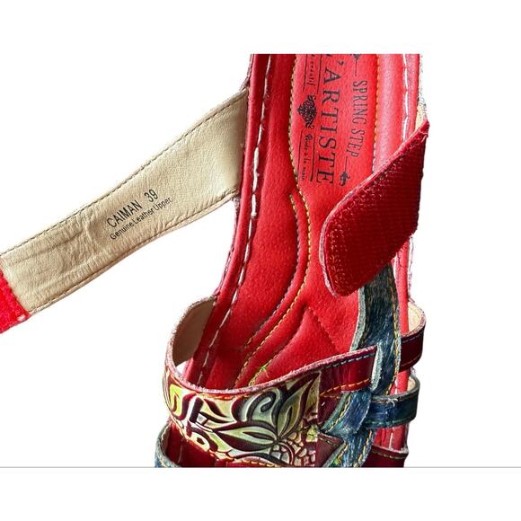 L'Artiste Sandals Spring Step Red Multi Pint Wedge Woman's 39 Strappy Adj - Picture 4 of 8